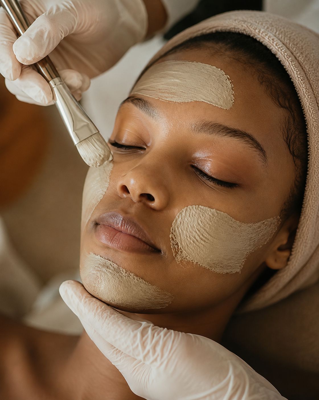 A clay mask being applied during a professional at-home facial