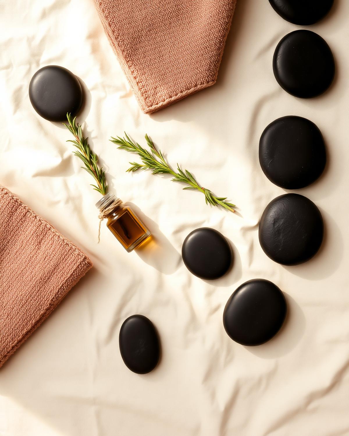 Massage stones, oil and rosemary arranged on cream linen
