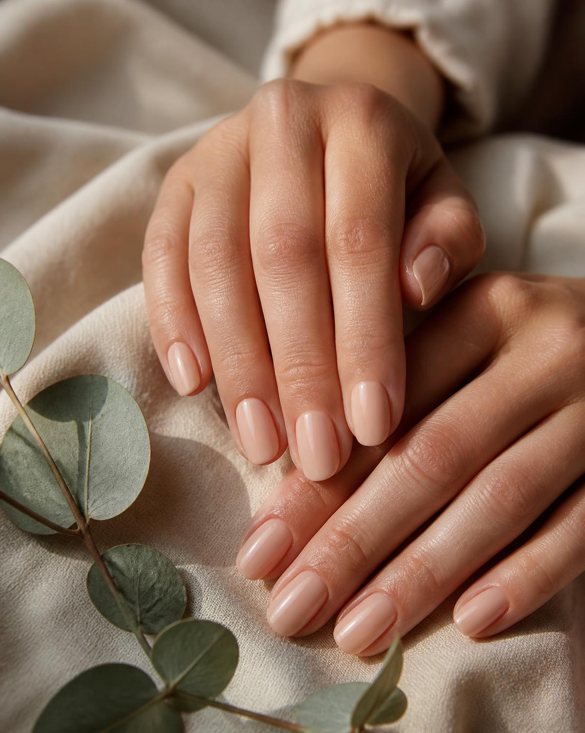 Hands with glossy nude gel polish resting on linen