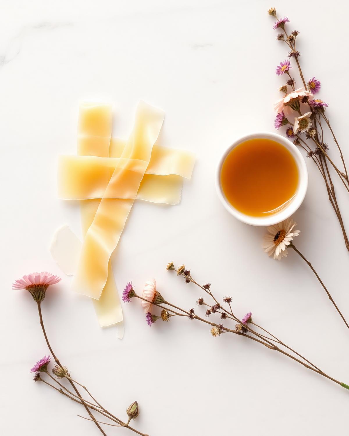 Soft wax strips and warm wax in a bowl on marble with dried flowers
